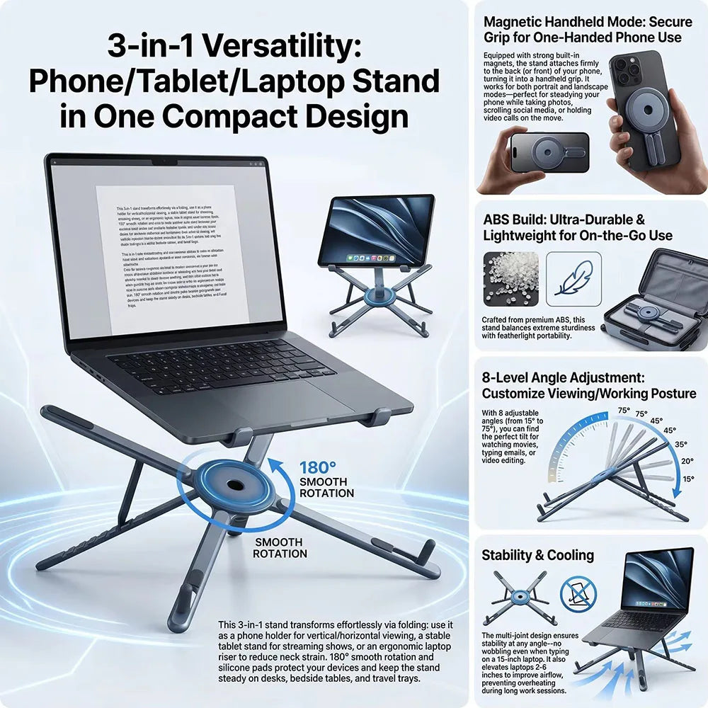 Portable Magnetic Phone Holder & Selfie Stick 3-In-1 Foldable Tripod Stand for Iphone Ipad Tablet Laptop Desktop Use
